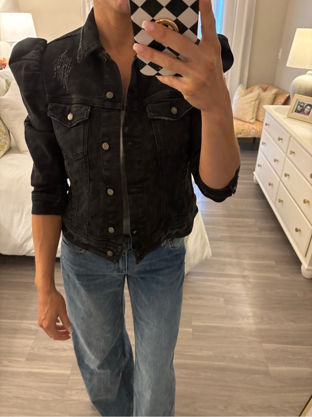 Black Puff Sleeve Denim Jacket - Women Jackets & Coats - Picture 3 of 7